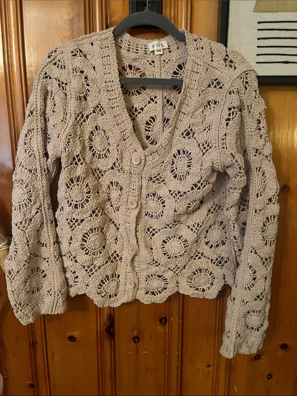 POL Crochet Openwork Button Cardigan - Light Taupe